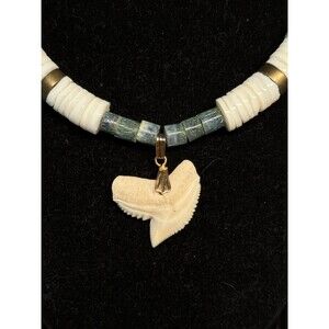 Vintage Blue Coral Shell Heishi Shark Tooth Necklace